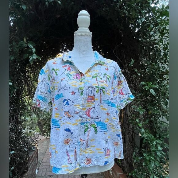 VINTAGE 1990s HOT COTTON PETITE MARC WARE RETRO BEACH SEASCAPE HAWAIIAN SHIRT MP - Picture 7 of 12